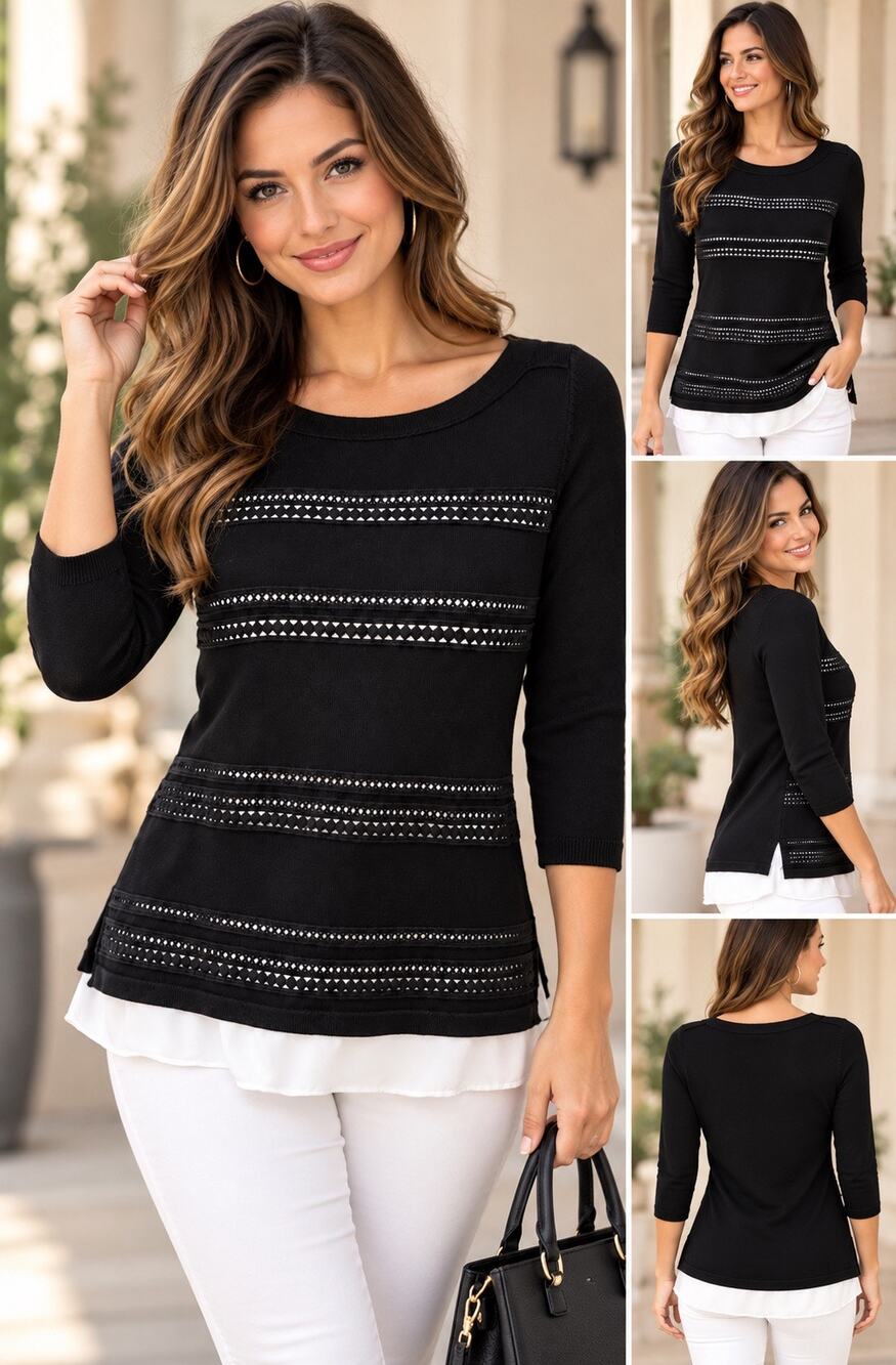 White House Black Market Top Womens S Black Lace Knit Layered Tunic 3/4 Sleeve